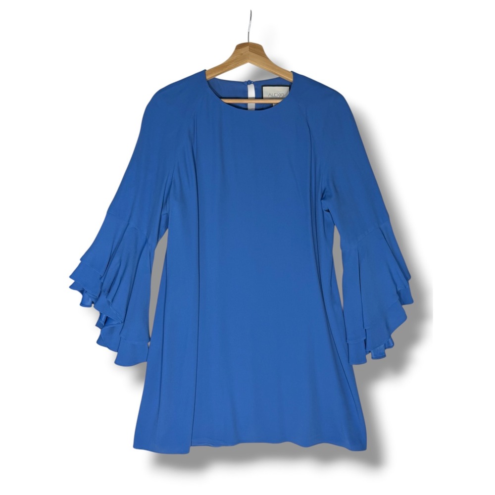 Alexis Melany Blue Ruffle Bell Sleeve Shift Mini Dress Women's XL Tiered Flounce